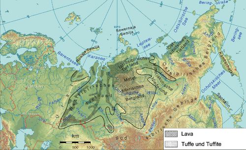 The extent of the Siberian Traps showing where lava, tuff and tuffite were deposited. (map in German)