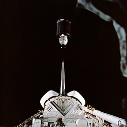 The Palapa satellite system (pictured here in 1984), first launched in 1976 with U.S. assistance, expanded domestic communications across the archipelago.[261]