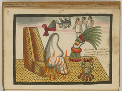 The Aztec emperor Ahuitzotl being cremated. Surrounding him are a necklace of jade and gold, an ornament of quetzal feathers, a copilli (crown), his name glyph, and three sacrificial vassals to accompany him in the afterlife.