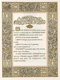 The original preamble of the Constitution of India in 1950. In 1976, during the tenure of Indian prime minister Indira Gandhi, the first sentence was changed to "Sovereign Socialist Secular Democratic Republic".