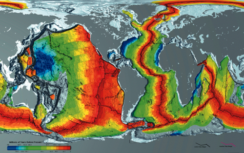 Age of oceanic crust. Red is most recent, and blue is the oldest.
