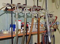 A Schlenk line with four ports.