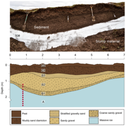 Labelled example of a massive buried ice deposit in Bylot Island, Canada.[54]
