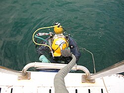 Surface-supplied diver with helmet, bailout set and umbilical cable