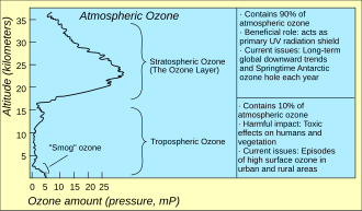 The distribution of atmospheric ozone in partial pressure as a function of altitude