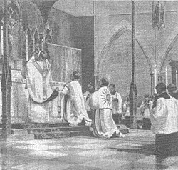An eastward-facing Solemn High Mass, a Catholic liturgical phenomenon which reemerged in Anglicanism following the Catholic Revival of the 19th century