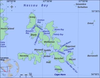The islands around Cape Horn between South America and Antarctica