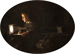 Twentieth century painting of Jeremiah Horrocks observing the 1639 transit of Venus.