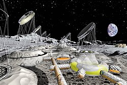 Inflatable lunar base with greenhouses, all radiation shielded through regolith, while sunlight enters through mirrors (ESA, 2022)[35]