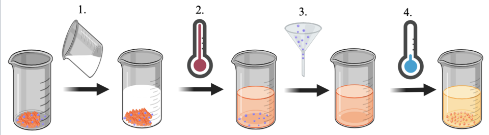 A solvent is added (white) to a mixture of a compound (orange) and insoluble substance (purple) → Solvent is heated to give a saturated compound solution (orange) and an insoluble substance (purple) → Saturated compound solution (orange) is filtered to remove the insoluble substance (purple) → Saturated compound solution (orange) is allowed to cool over time yielding crystals (orange) as separate from an impure solution (pale-orange).
