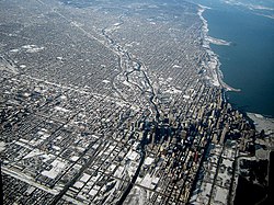 Chicago, Illinois, is an example of the early American grid system of development. The grid is enforced even on uneven topography.