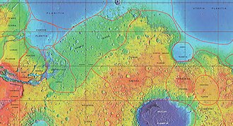 MOLA map showing boundaries for Arabia Terra and other nearby regions.