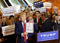 Trump signs the Republican loyalty pledge promising to support the candidate nominated by the party and to not run as a third-party candidate,[a] if he failed to clinch the nomination.