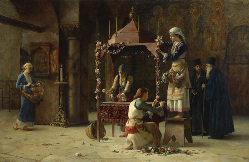 Holy Friday, Greece by Théodore Jacques Ralli c. 1893, Greek women decorating the kouvouklion with flowers featuring the iconographic cloth known as the Epitaphios