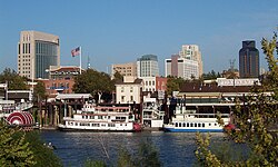 Old Sacramento and Downtown are seen from the Sacramento River.