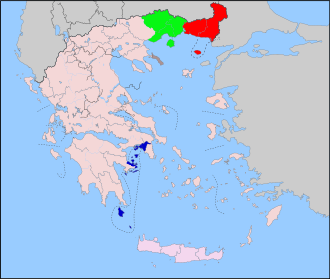 The super-prefectures of Greece, with Athens-Piraeus in blue, Drama-Kavala-Xanthi in green, and Rhodope-Evros in red