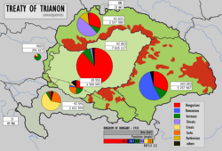 With the 1920 Treaty of Trianon, Hungary lost 72% of its territory, its sea ports, and 3,425,000 ethnic Hungarians.[83][84] Majority Hungarian areas (according to the 1910 census) detached from Hungary