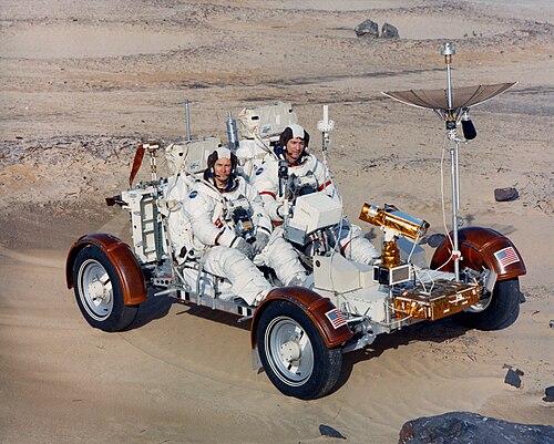 Young (right) and Duke training to drive the Lunar Roving Vehicle