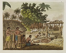 An 1827 representation of human sacrifice in Tahiti, based on the account of Captain Cook c. 1773.