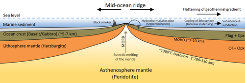 Oceanic divergent boundary: mid-ocean ridge (cross-section/cut-away view)