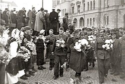 Čento, Dimitar Vlahov and Mihajlo Apostolski parading in liberated Skopje, November 1944