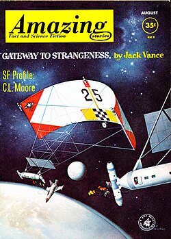Vance's novella "Gateway to Strangeness" was the cover story in the August 1962 issue of Amazing Stories, illustrated by Alex Schomburg. Under the title "Dust of Far Suns", it became the title piece in a Vance story collection in 1981.