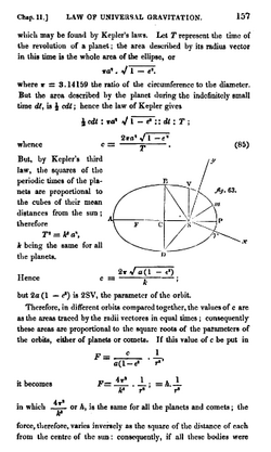 Page 157 from Mechanism of the Heavens (1831), Mary Somerville's expanded version of the first two volumes of Laplace's Traité de mécanique céleste.[129] Here, Somerville deduces the inverse-square law of gravity from Kepler's laws of planetary motion.