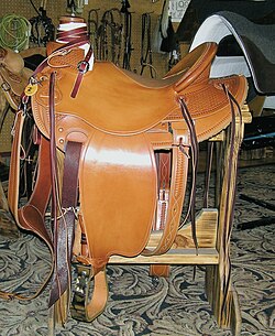 A "Wade" saddle, popular with working ranch Buckaroo tradition riders, derived from vaquero saddle designs
