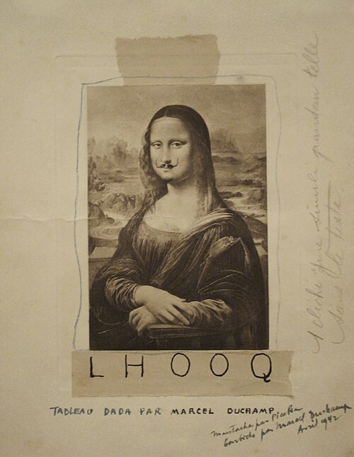 Marcel Duchamp's 1919 piece L.H.O.O.Q., a derivative work based on the Mona Lisa