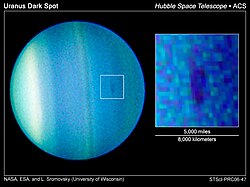 The first dark spot observed on Uranus. Image obtained by the HST ACS in 2006.