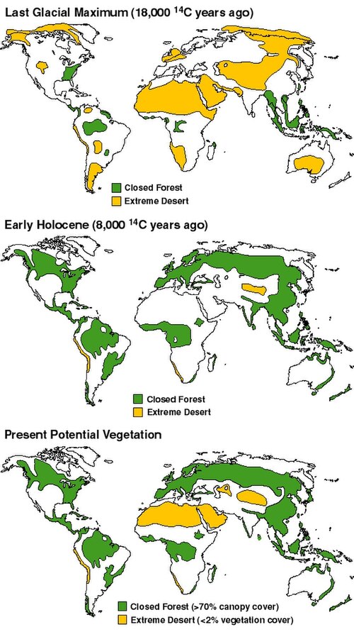 Top: Arid ice age climateMiddle: Atlantic Period, warm and wetBottom: Potential vegetation in climate now if not for human effects like agriculture.[104]