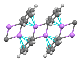 Solid phenyllithium forms monoclinic crystals that can be described as consisting of dimeric Li2(C6H5)2 subunits. The lithium atoms and the ipso carbons of the phenyl rings form a planar four-membered ring. The plane of the phenyl groups is perpendicular to the plane of this Li2C2 ring. Additional strong intermolecular bonding occurs between these phenyllithium dimers and the π electrons of the phenyl groups in the adjacent dimers, resulting in an infinite polymeric ladder structure.[139]