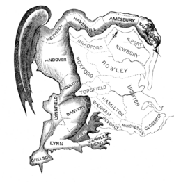 Printed in March 1812, this political cartoon was made in reaction to the newly drawn state senate election district of South Essex created by the Massachusetts legislature to favor the Democratic-Republican Party. The caricature satirizes the bizarre shape of the district as a dragon-like monster, and Federalist newspaper editors and others at the time likened it to a salamander.