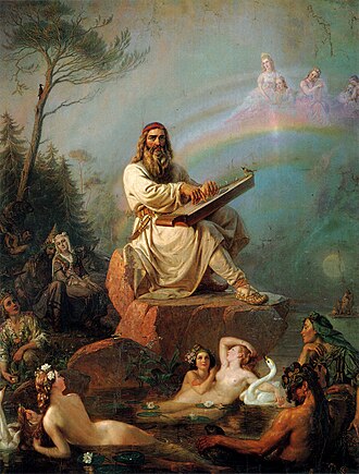 Väinämöinen, the wise demigod and one of the significant characters of Finnish mythological 19th-century epic poetry, The Kalevala (Väinämöinen's Play, Robert Wilhelm Ekman, 1866)