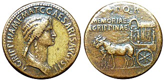 Bronze sestertius of Caligula with Agrippina on the obverse, minted circa AD 37.[38]