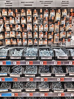 Screws and bolts in an OBI home improvement store in Poland