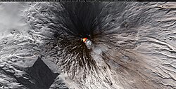 At 4,800 m above sea level, Klyuchevskoi is located in Kamchatka, Russia and is a product of flux melting on a subduction zone.[14]