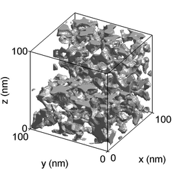 Nanostructure of a resorcinol-formaldehyde gel reconstructed from small-angle X-ray scattering. This type of disordered morphology is typical of many sol–gel materials.[14]
