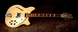 A Rickenbacker 360 12-string guitar similar to the one used by Jim McGuinn in 1964 and 1965. By 1966, McGuinn had transitioned to playing the three pickup 370/12 model.