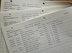 The Mount Sinai Medical Center in New York was a heavy user of COM for microfiche;[50] here a 1979 listing of some of their payroll and general accounting reports being distributed that way.