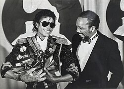 Jones with Michael Jackson at the 26th Annual Grammy Awards in 1984; he produced three of his albums: Off the Wall (1979), Thriller (1982) and Bad (1987)