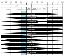 Nutritional elements availability within soil varies with pH. Light blue color represents the ideal range for most plants.