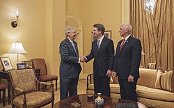 McConnell (left) with then-Judge Brett Kavanaugh (middle), the nominee to replace retiring Justice Anthony Kennedy, and Vice President Mike Pence, 2018