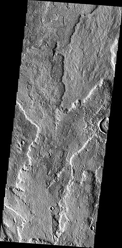 Sheet flows on northwestern flank of Alba Mons. Note multiple overlapping lobes (THEMIS VIS)