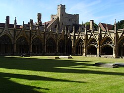 The cloister of Canterbury Cathedral with monastic buildings beyond