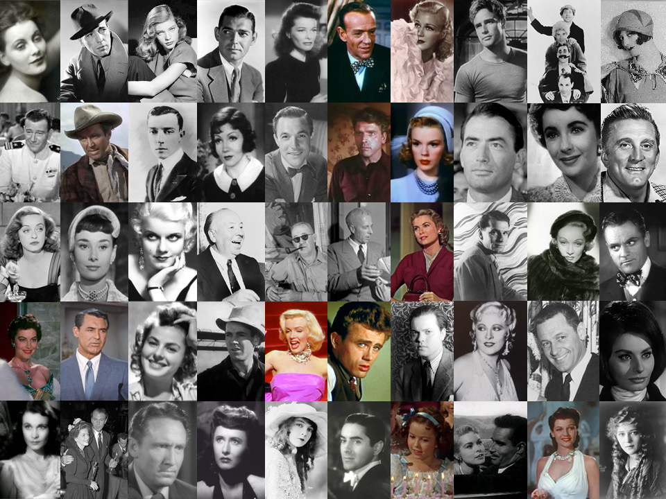 Stars of the Classical Hollywood cinema era (c. 1913–1962). Top row, l-r: Greta Garbo, Humphrey Bogart, Lauren Bacall, Clark Gable, Katharine Hepburn, Fred Astaire, Ginger Rogers, Marlon Brando, the Marx Brothers, Joan Crawford. Second row, l-r: John Wayne, James Stewart, Buster Keaton, Claudette Colbert, Gene Kelly, Burt Lancaster, Judy Garland, Gregory Peck, Elizabeth Taylor, Kirk Douglas. Third row, l-r: Bette Davis, Audrey Hepburn, Jean Harlow, Alfred Hitchcock, John Ford, Howard Hawks, Grace Kelly, Laurence Olivier, Marlene Dietrich, James Cagney. Fourth row, l-r: Ava Gardner, Cary Grant, Ingrid Bergman, Henry Fonda, Marilyn Monroe, James Dean, Orson Welles, Mae West, William Holden, Sophia Loren. Bottom row, l-r: Vivien Leigh, Joan Fontaine and Gary Cooper, Spencer Tracy, Barbara Stanwyck, Lillian Gish, Tyrone Power, Shirley Temple, Janet Leigh with Charlton Heston, Rita Hayworth, Mary Pickford.
