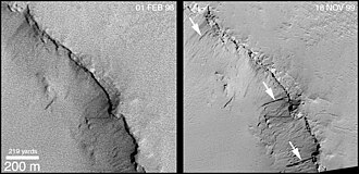 New slope streaks formed near Apollinaris Mons between February 1998 and November 1999, as seen by Mars Orbital Camera (MOC).