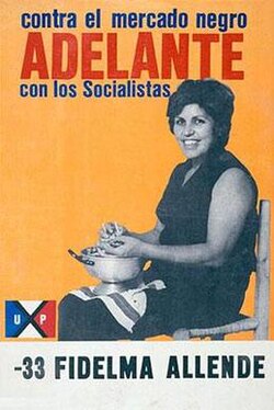 1973 election poster for PS candidate Fidelma Allende. Slogan reads: Against the Black Market – Forward with the Socialists.