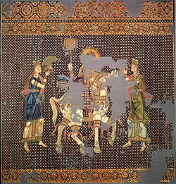 A ceremonial miniature labarum, as it appears borne by a triumphant emperor in the 10th-century Gunthertuch
