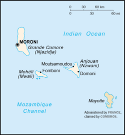 Map of the Comoros Union (three islands on the left) and the Mayotte French department (right)